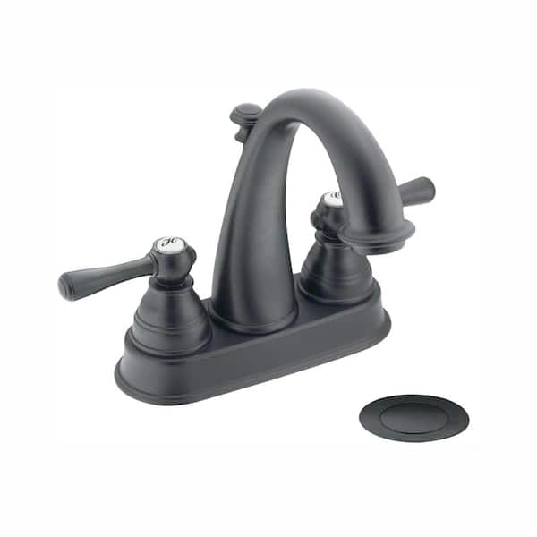 MOEN Kingsley 4 in. Centerset 2-Handle High-Arc Bathroom Faucet in Wrought Iron with Drain Assembly