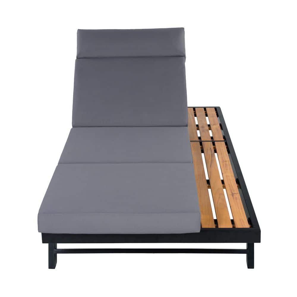 Camilla Black Metal Adjustable Patio Outdoor Chaise Lounge with 4-Fold Dark Grey Cushions, Wood Side Storage Surface