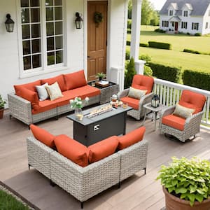 Holston 11-Piece Wicker Outdoor Patio Conversation Sofa Set with a Metal Fire Pit, Swivel Chairs and Orange Red Cushions