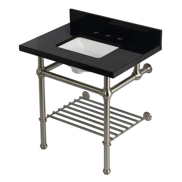 Templeton 30 in. Granite Console Sink with Brass Legs in Black Granite Brushed Nickel