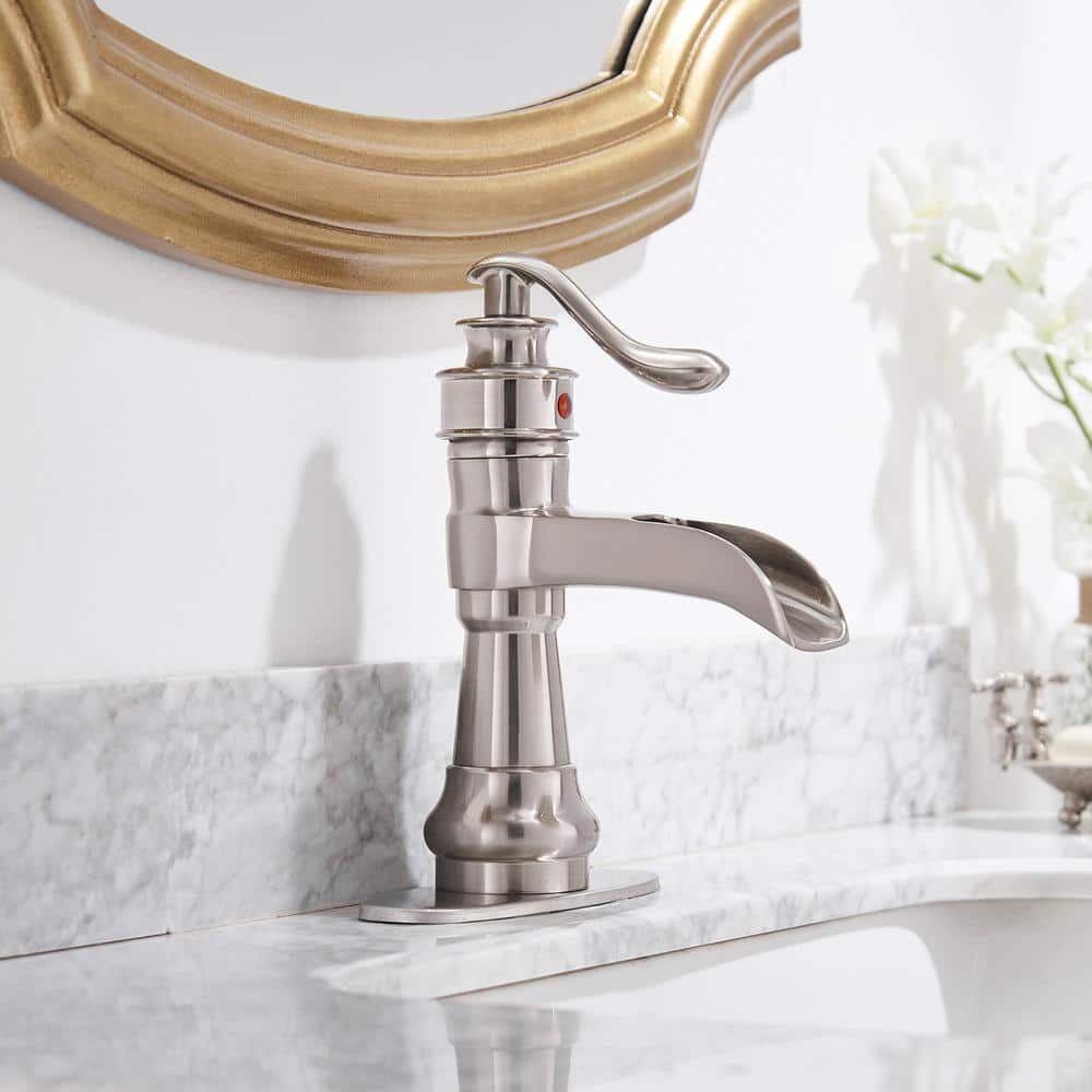 Brushed Nickel Waterfall Single Handle Bathroom Faucet with Pop-Up Drain
