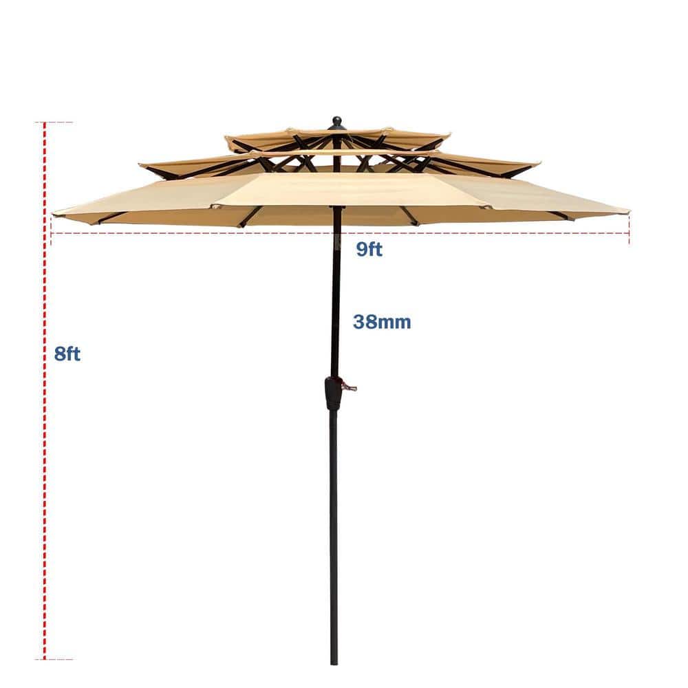 9 ft Tan Steel Market Patio Umbrella with Crank and Tilt