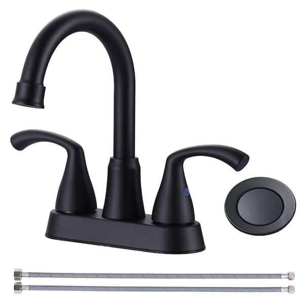 4 in. Centerset Stianless Steel Double Handle High Arc Bathroom Faucet with Drain Kit and Supply Lines in Matte Black