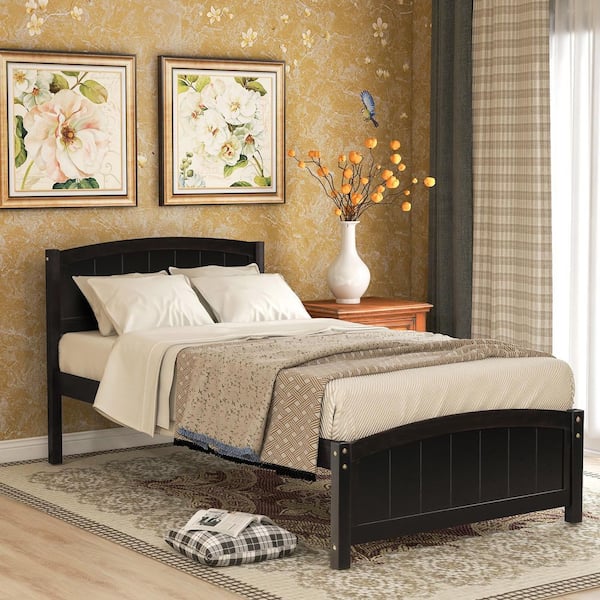 Harper & Bright Designs Espresso Brown Wood Frame Twin Size Platform Bed with Curve-lined Headboard and Footboard