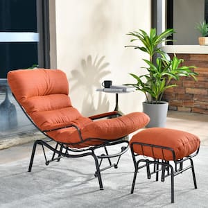 Mono Metal Patio Lounge Outdoor Rocking Chair with an Ottoman and Orange Red Cushions