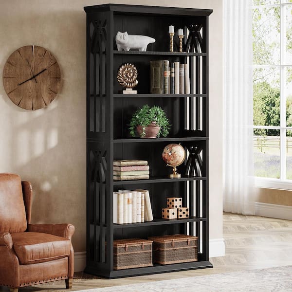Frailey 75 in. Tall Black Wood 6-Shelf Standard Bookcase with Interior Shelves, Storage for Living Room Home and Office