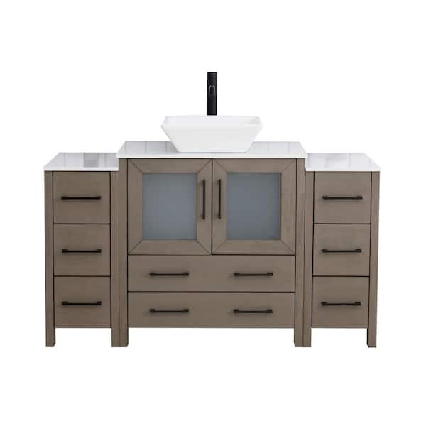54 in. W Single Basin Driftwood Gray Bath Vanity with White Engineered Marble Top and Mirror