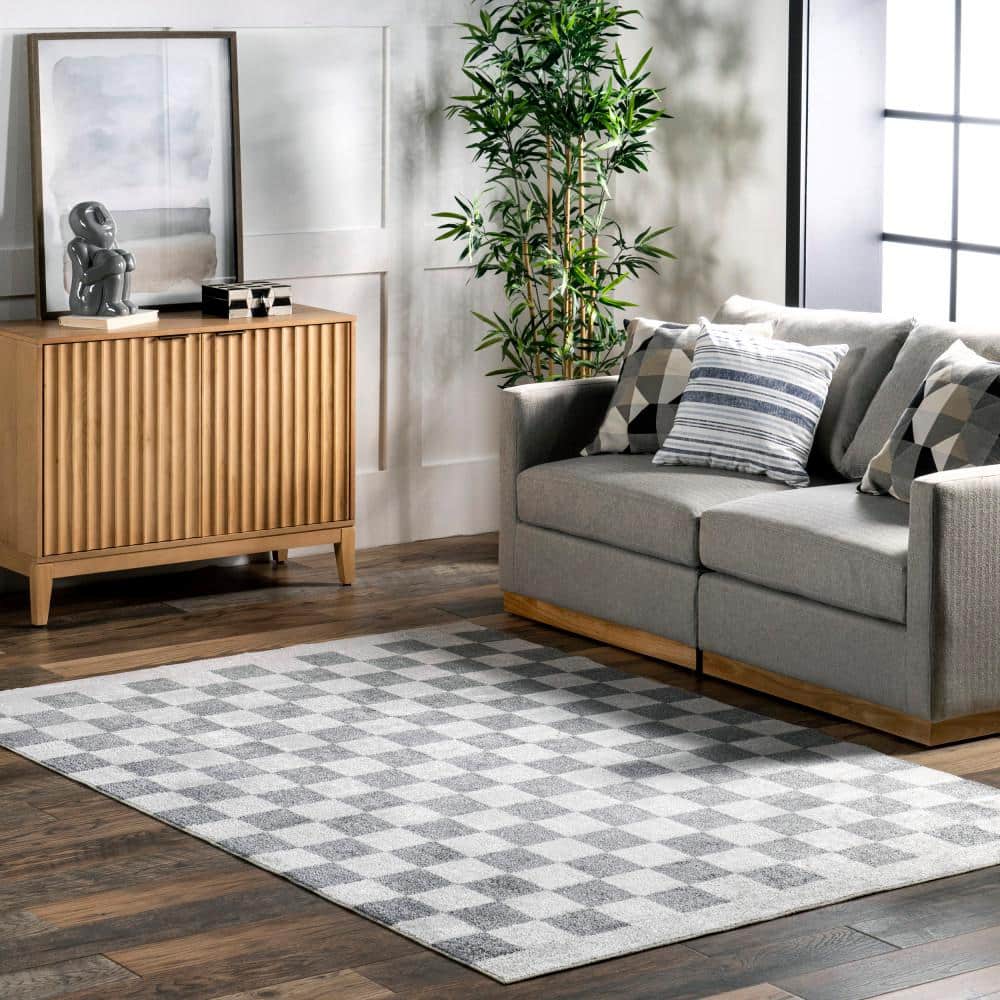 Naya Blue and White Checkered Synthetic Washable Area Rug