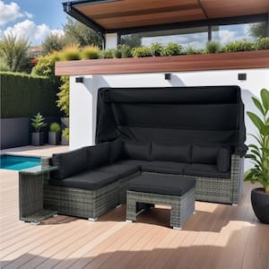 Gray 7-Piece Wicker Patio Outdoor Sectional Sofa Set with Retractable Canopy and Black Cushions