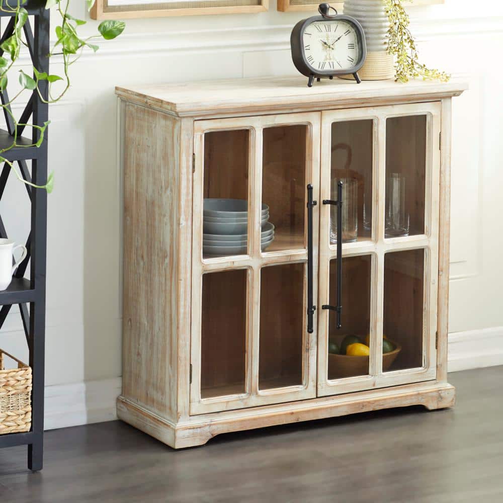 Weathered Brown Wood and Glass Farmhouse Accent Cabinet