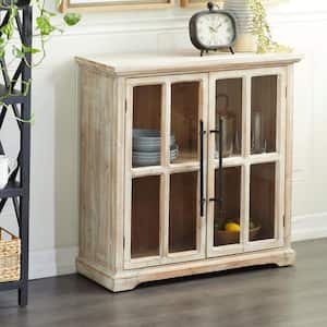 33 in. W Brown Wood 1 Shelf and 2 Door Cabinet with Glass Front Panels