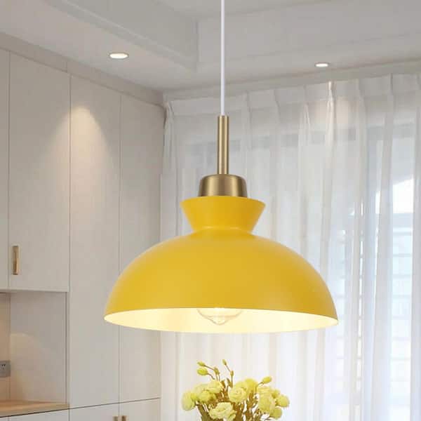 1-Light Simple Yellow Single Dome Pendant Light with Metal Shade