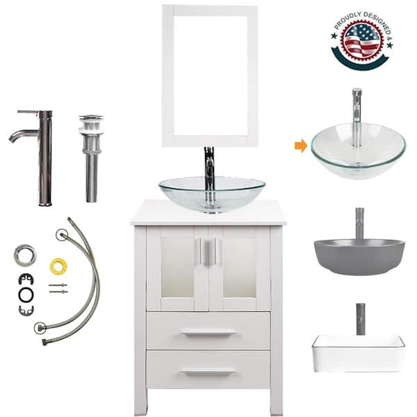 TOOLKISS 24 in. W x 19 in. D x 32.5 in. H Single Sink Bath Vanity in White with White Wood Top and Mirror