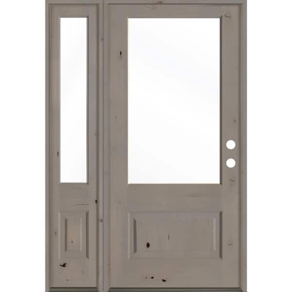 Krosswood Doors 50 in. x 80 in. Farmhouse Knotty Alder Left-Hand Inswing 3/4 -Lite Clear Glass Grey Stain Wood Prehung Front Door LSL