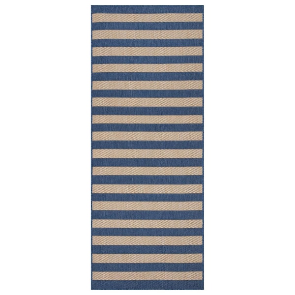 Ottomanson Jardin Collection Striped Design 3x7 Non Shedding Indoor/Outdoor Runner Rug, 2 ft. 7 in. x 6 ft. 11 in., Navy