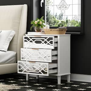 3-Drawers White Wood Mirrored Paint Nightstands Bedside Table with Mirror Finish (28.5 in. H x 11.8 in. D x 26 in. W)