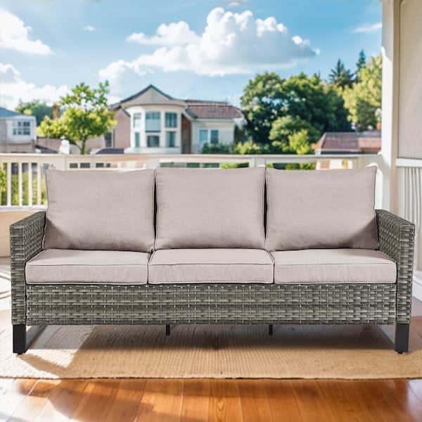Gymojoy Valenta Gray Wicker 3-Seater Sofa Outdoor Couch with Thick Deep CushionGuard Beige Cushions