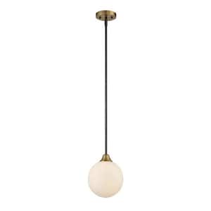 8 in. W x 7.5 in. H 1-Light Oiled Rubbed Bronze with Natural Brass Orb Mini-Pendant Light with White Opal Glass