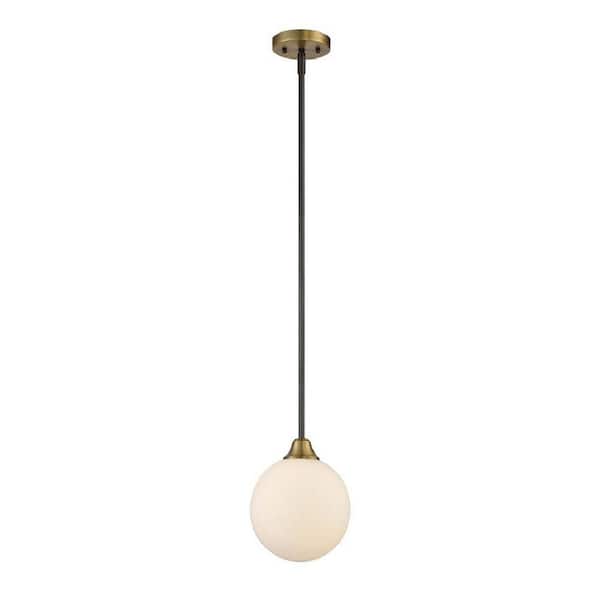 TUXEDO PARK LIGHTING 8 in. W x 7.5 in. H 1-Light Oil Rubbed Bronze with Natural Brass Orb Mini- Pendant Light with White Opal Glass