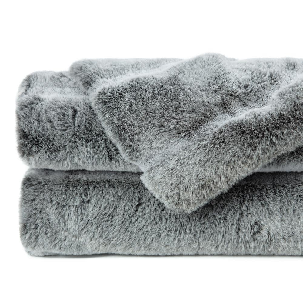 Gray Faux Fur and Mink Reversible Throw Blanket 50x65 Inches