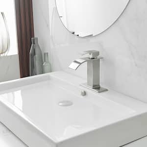 Waterfall Single Handle Single Hole Low-Arc Bathroom Faucet Bathroom Drip-Free Vanity Sink Faucet in Brushed Nickel