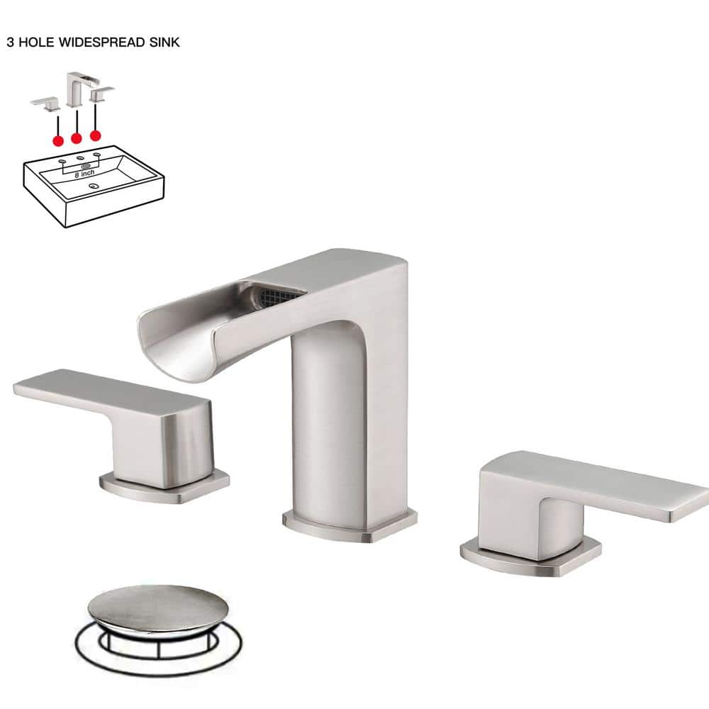 BWE Waterfall 8 in. Widespread Double Handle Gold Bathroom Faucet Set 3 ...
