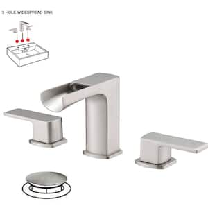 Waterfall 8 in. Widespread Double Handle Gold Bathroom Faucet Set 3 Holes Vanity Sink With Metal Drain In Brushed Nickel