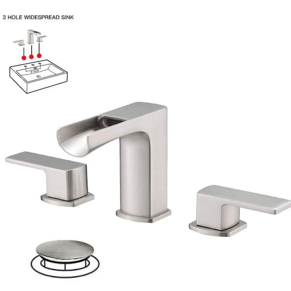 BWE Waterfall 8 in. Widespread Double Handle Gold Bathroom Faucet Set 3 Holes Vanity Sink With Metal Drain In Brushed Nickel