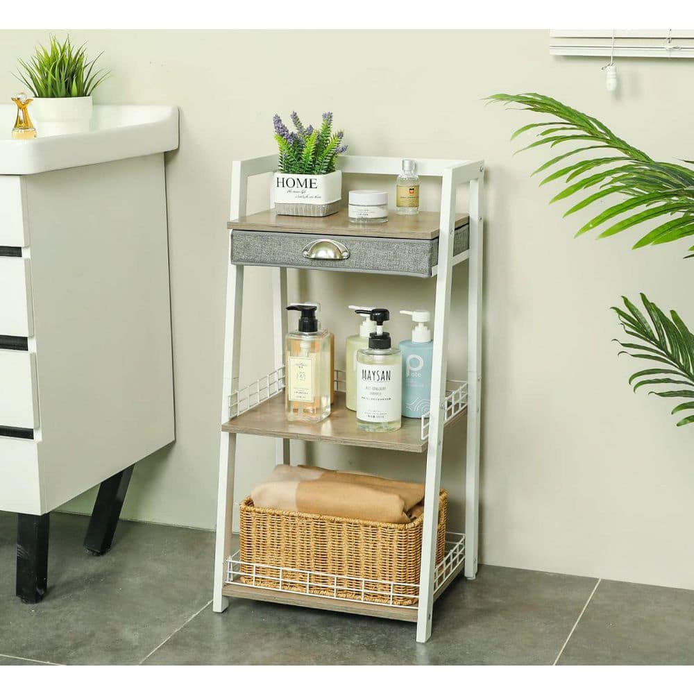 White MDF and Iron 3-Tier Freestanding Bathroom Ladder Shelf with Drawer