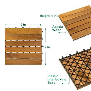 12 in. x 12 in. Acacia Wood Interlocking Flooring Deck Tile Brown 6 Slats (10-Pack)