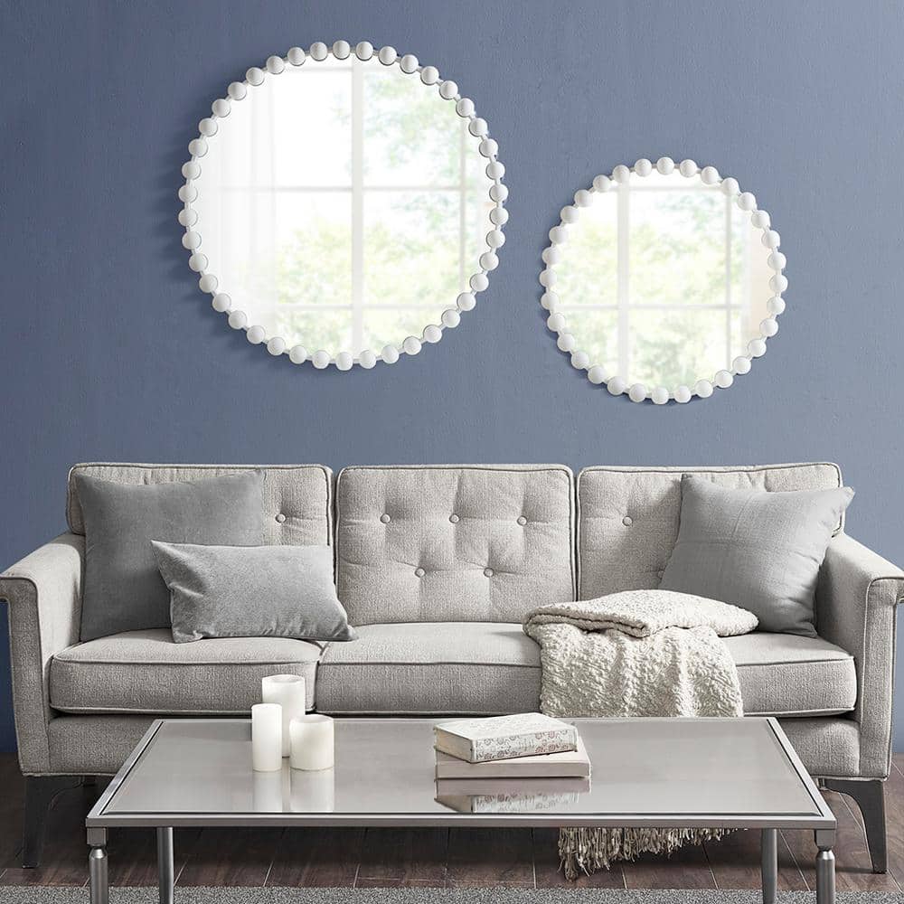 27 in. W. x 27 in. H Round Metal Frame White Wall Mirror with Beaded Decora