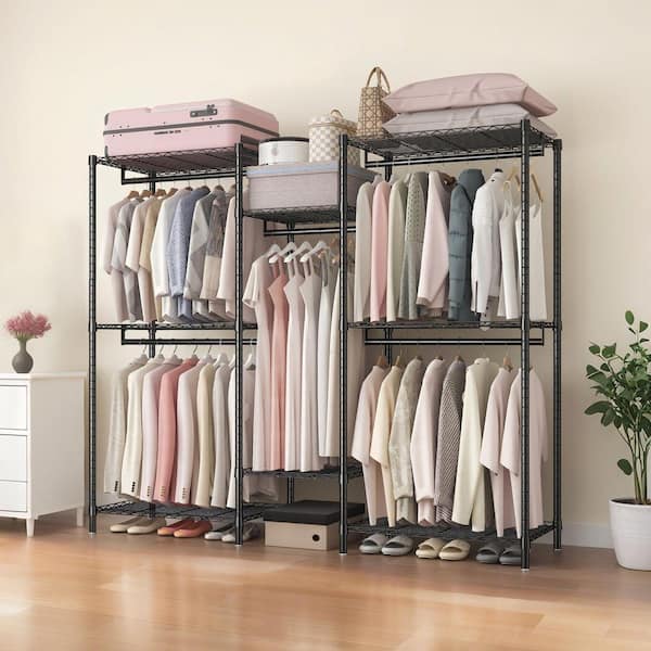 8-Tier Heavy Duty Metal Storage Rack, Freestanding Adjustable Wire Shelving with 5-Clothes Rails, Black