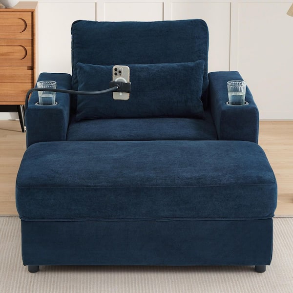 Donna Blue Chenille Chaise Lounge with Movable Storage Ottoman, 2 USB Ports, 2 Cup Holders, Phone Holder, Side Pockets