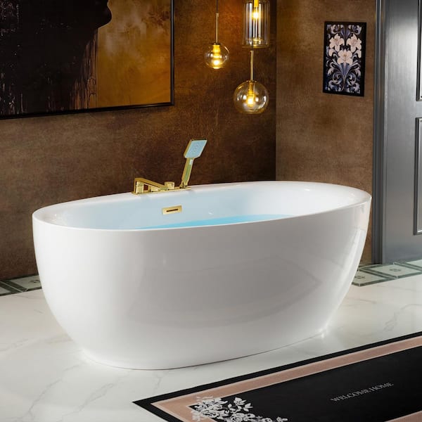 66 in. L x 36 in. W Acrylic FlatBottom Freestanding Soaking Bathtub in White with Brushed Gold Drain and Tub Filler