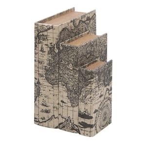 Rectangle Wood Faux Book Box with World Map Cover (Set of 3)