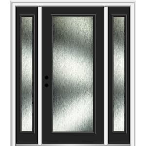 60 in. x 80 in. Right-Hand Inswing Rain Glass Black Fiberglass Prehung Front Door on 4-9/16 in. Frame