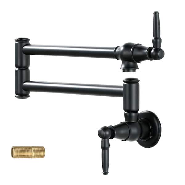 Brass Wall Mount Heavy Duty Stove Pot Filler with Double Joint Swing Arms Folding Kitchen Faucet in Matte Black