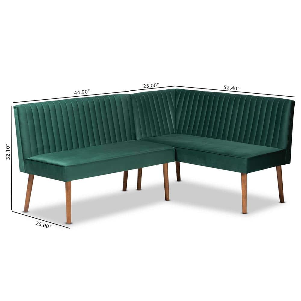 Emerald Green Velvet and Walnut Wood 2-Piece Dining Nook Set