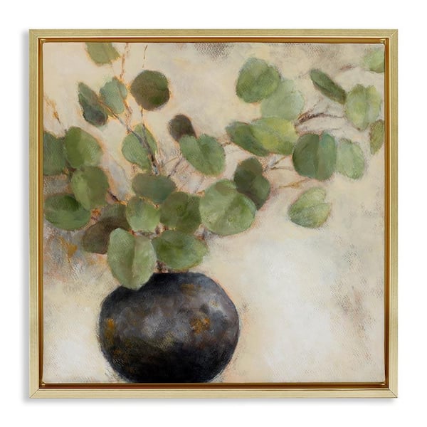 Green Potted Eucalyptus Leaves by Lanie Loreth Gold Floater Frame Graphic Art Print Nature 25 in. x 25 in.