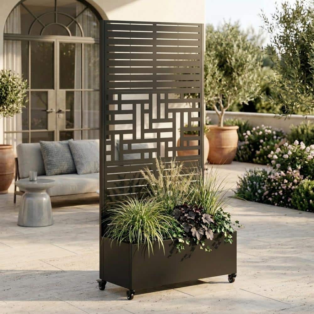 "73""x35""x16"" Metal Raised Garden Bed with Trellis and Wheels, Planter Box for Climbing Plants, Black Louver & Brick" price history on PriceWatchPro