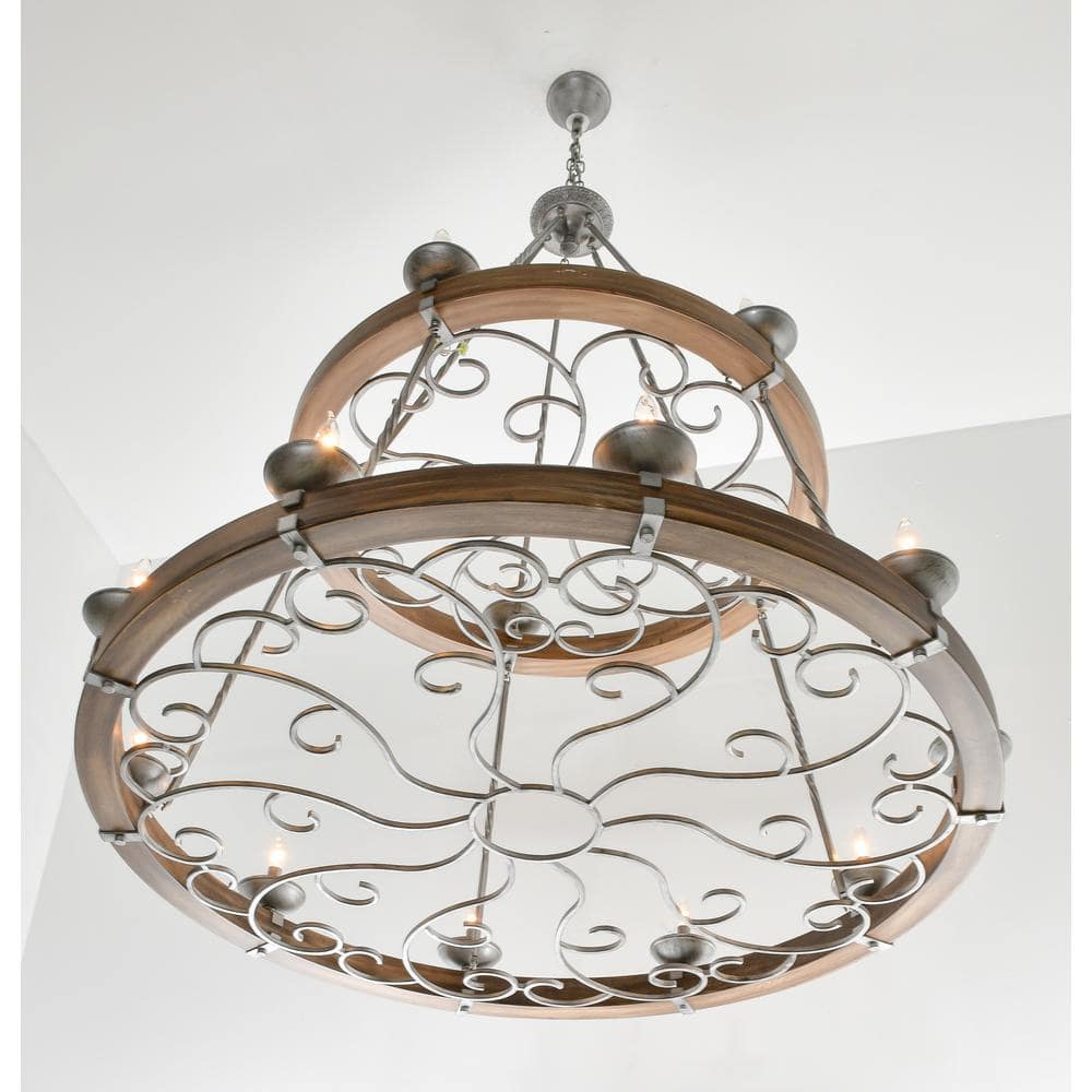 Two-Tier Brown Distressed Wood and Metal Empire Chandelier