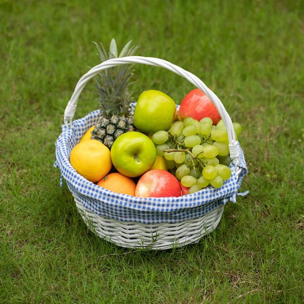 White Round Willow Gift Basket, With Blue Gingha Liner And Handle - Sall