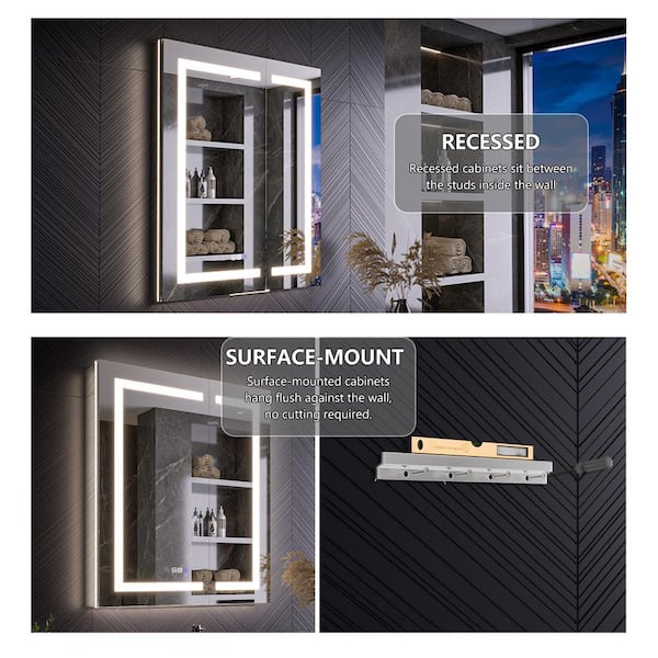 30 in. W x 36 in. H Rectangular Aluminum Recessed/Surface Mount LED Medicine Cabinet with Mirror Dual Outlet, Dual USB