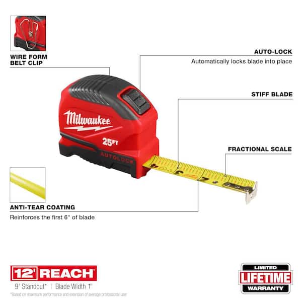 Milwaukee 25 ft. Compact Auto Lock Tape Measure with Fractional