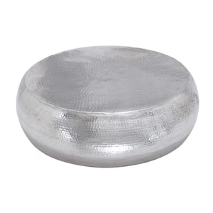 42 in. Silver Medium Round Aluminum Drum Shaped Coffee Table with Hammered Design