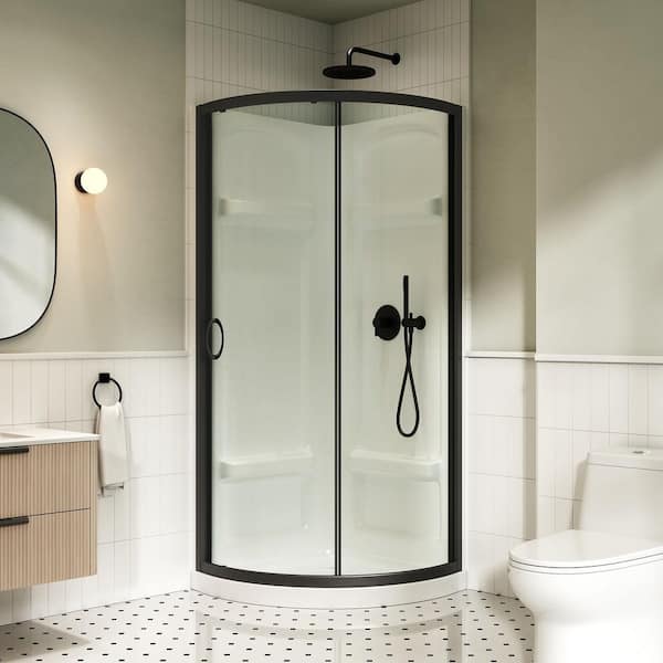 Breeze 33 in. L x 33 in. W x 77 in. H Corner Shower Kit with Clear Sliding Door in Black, Shower Pan, and Walls