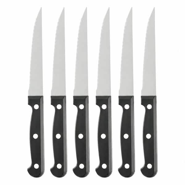 Stainless Steel Serrated Steak Knife Set with Unique Beef Cut Pattern on Each Blade for Dinner Parties (6-Piece)