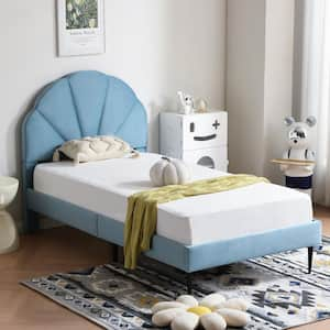 Light Blue Frame Twin Size of Luxury Velvet Platform Bed with Seashell-Shaped Headboard