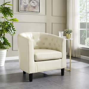 Cream Accent Chair, Button Tufted Faux Leather Barrel Chair, Midcentury Modern Accent Chair Comfy Armchair
