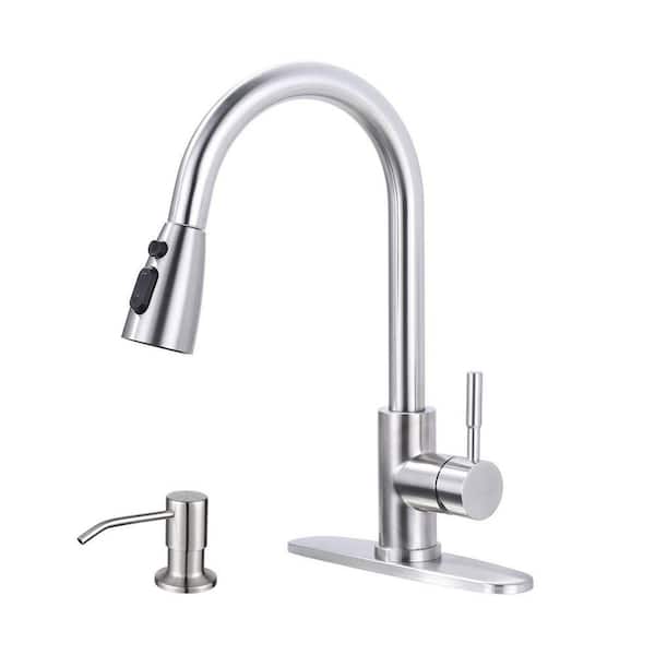 Single Handle Pull Down Sprayer Kitchen Faucet with 3-Mode Sprayer and Soap Dispenser in Brushed Nickel